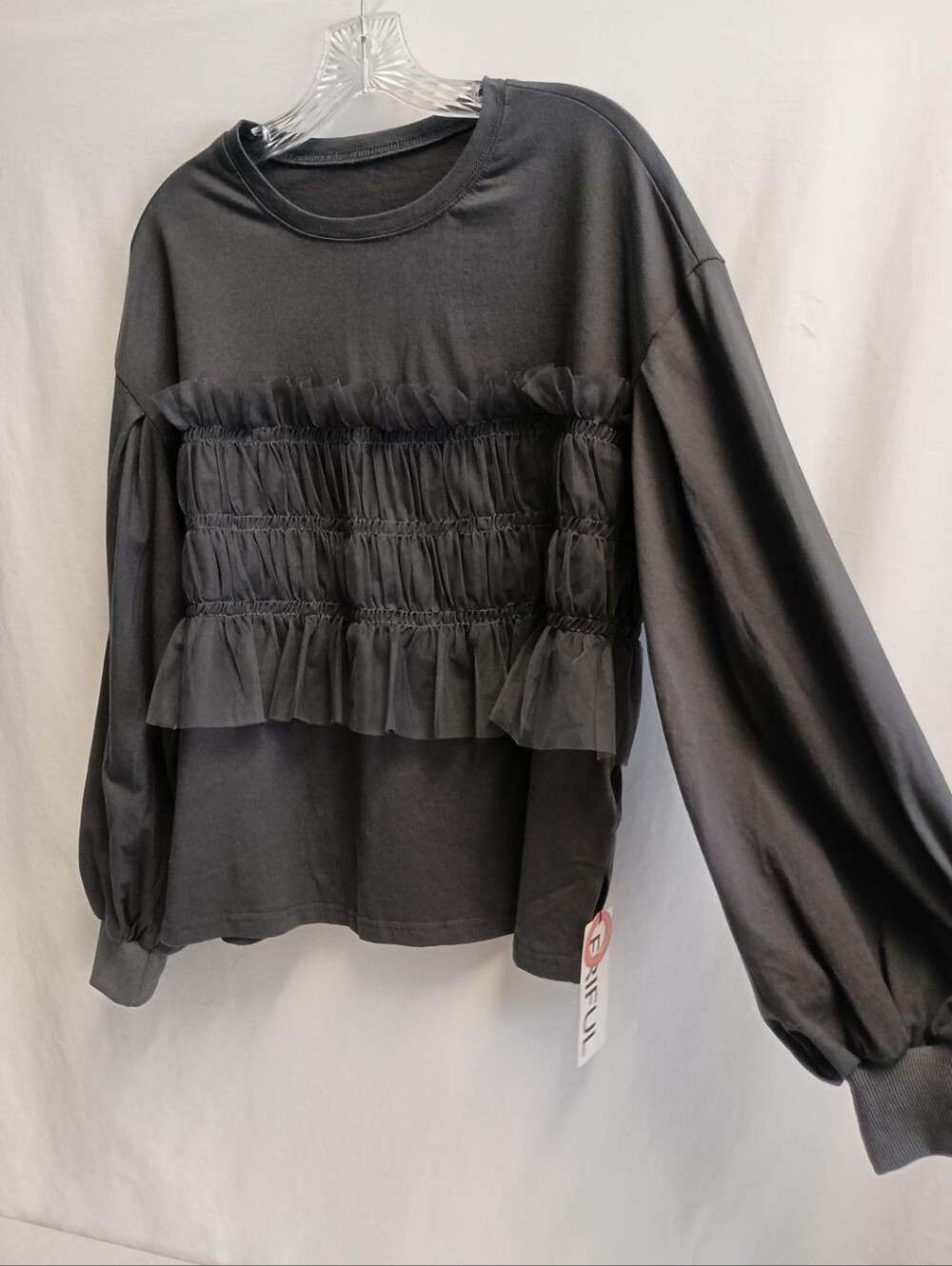Women's Size Medium Ruffle Front Blouse Balloon Sleeve Dark Grey - Picture 3 of 8